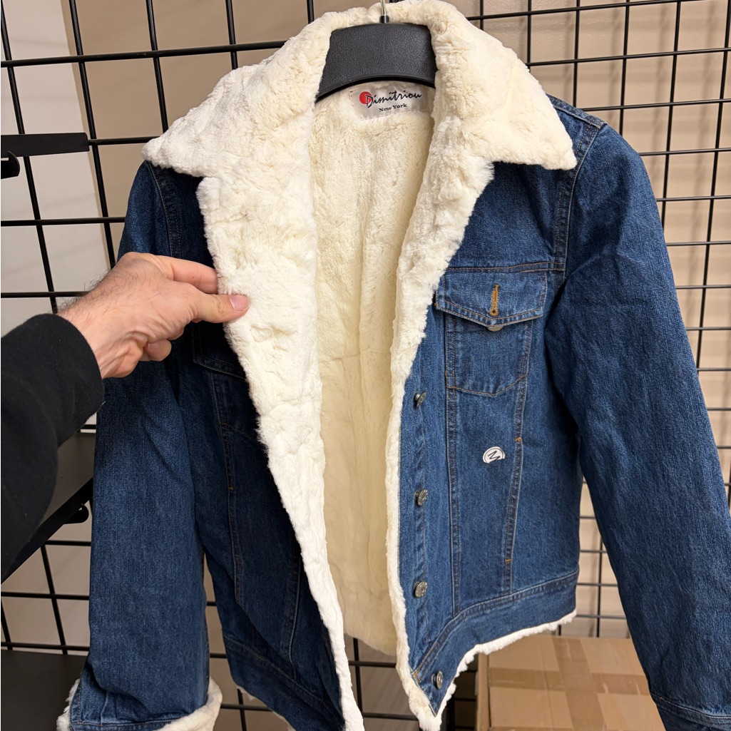 Denim And Genuine Rabbit Fur Lined Denim Jacket - Blue